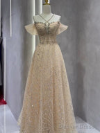 Vintage A Line Straps Champagne Tulle Long Prom Dresses Party Evening Dress