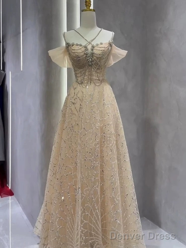 Vintage A Line Straps Champagne Tulle Long Prom Dresses Party Evening Dress Main image