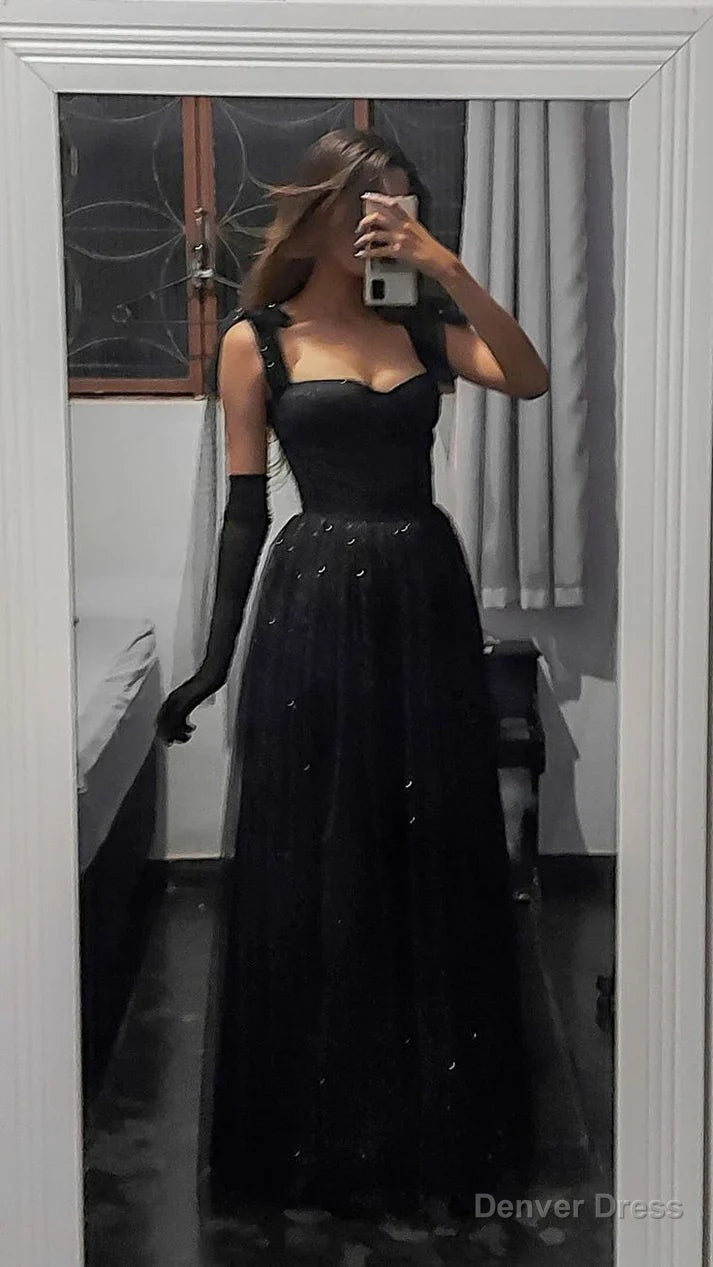 Vintage A line Straps Sleeveless Long Tulle Black Prom Dress