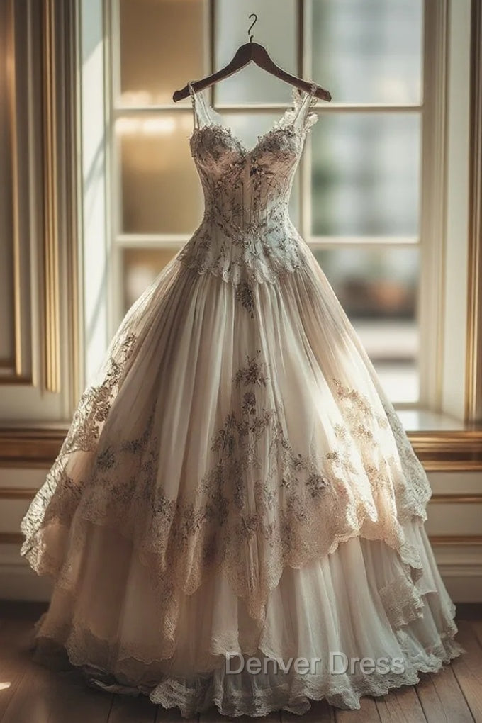 Vintage A Line Sweetheart Neck Tulle Lace Long Prom Dress Applique Sweet Flower Prom Dresses Main image