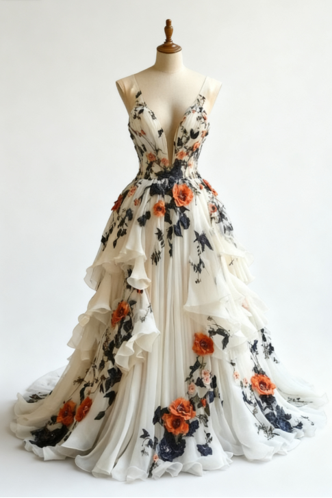 Fairytale A-Line Wedding Dress Œ¸Chiffon 3D Applique Prom Dresses