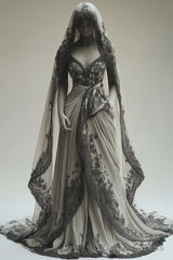 Vintage A-Line V-Neck Lace Appliqu Long Prom Dress With Veil Wedding Dress