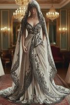 Vintage A-Line V-Neck Lace Appliqu Long Prom Dresses With Veil Wedding Dresses