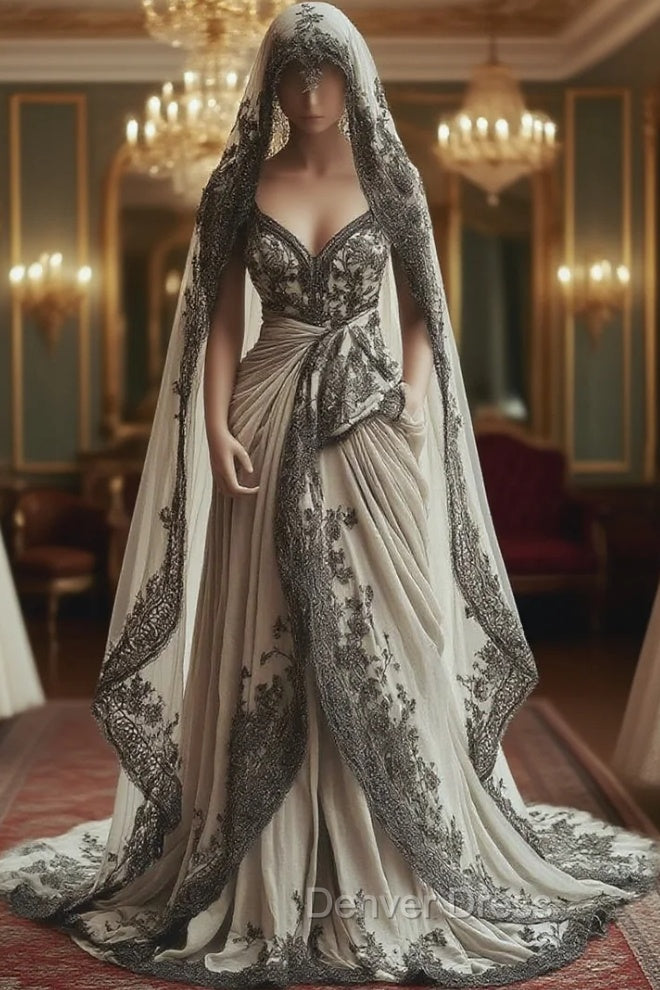 Vintage A-Line V-Neck Lace Appliqu Long Prom Dresses With Veil Wedding Dresses