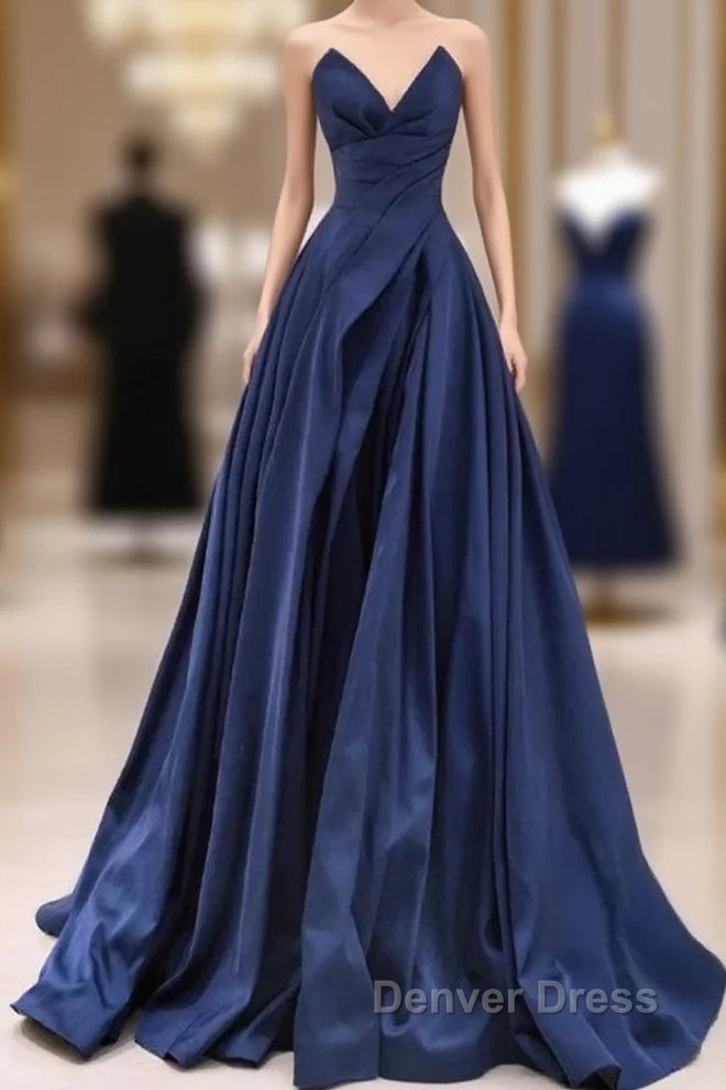 Vintage A Line V Neck Satin Dark Blue Long Prom Dress, Blue Long Prom Dresses Main image