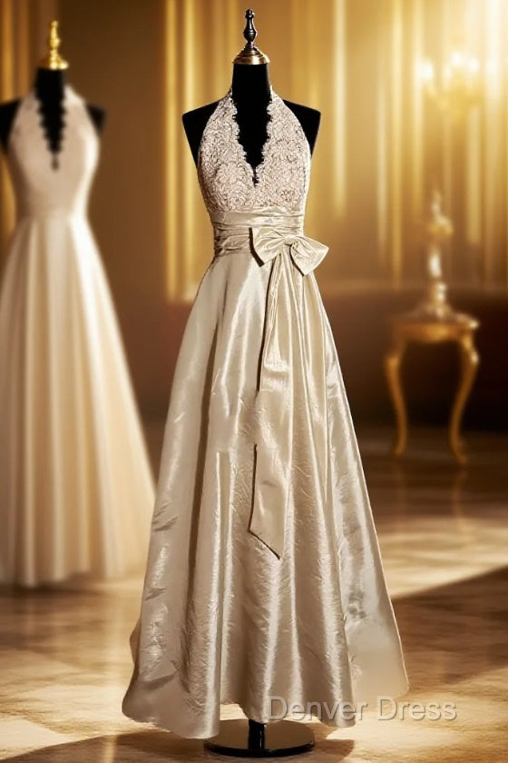 Vintage A Line V Neckline Champagne Lace Prom Gowns Fairy Prom Dresses Main image