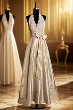 Vintage A Line V Neckline Champagne Lace Prom Gowns Fairy Prom Dresses