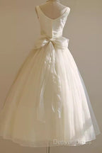 Vintage Ball Gowns Bateau White Tea Length Wedding Dress Brides Dresses