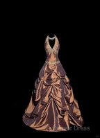 Vintage Ball Gown Halter Brown Sleeveless Long Prom Gown Fairy Prom Dresses