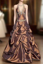 Vintage Ball Gown Halter Brown Sleeveless Long Prom Gown Fairy Prom Dresses