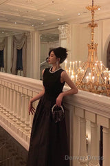 Vintage Ball Gown Jewel Sleeveless Black Satin Prom Dresses Birthday Outfits