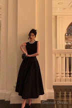 Vintage Ball Gown Jewel Sleeveless Black Satin Prom Dresses Birthday Outfits