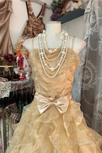 Vintage Ball Gown Spaghetti Straps Sleeveless Long Gold Evening Dresses Prom Dresses