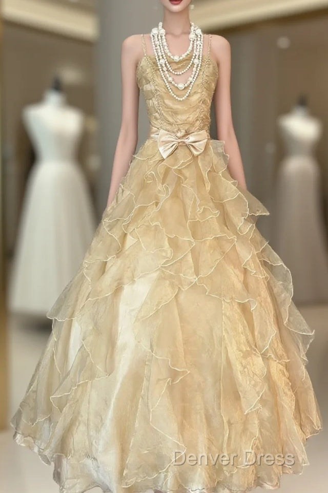 Vintage Ball Gowns Spaghetti Straps Sleeveless Long Gold Prom Dress
