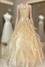 Vintage Ball Gowns Spaghetti Straps Sleeveless Long Gold Prom Dress