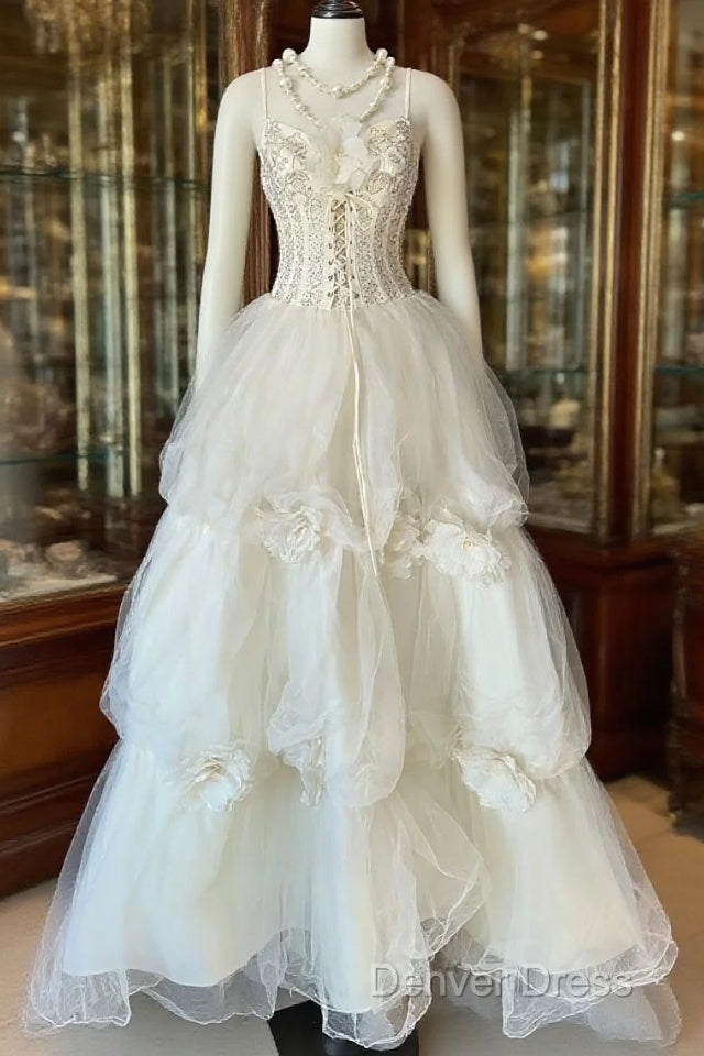 Vintage Ball Gown Spaghetti Straps Sleeveless Long White Evening Dresses Prom Dresses Main image