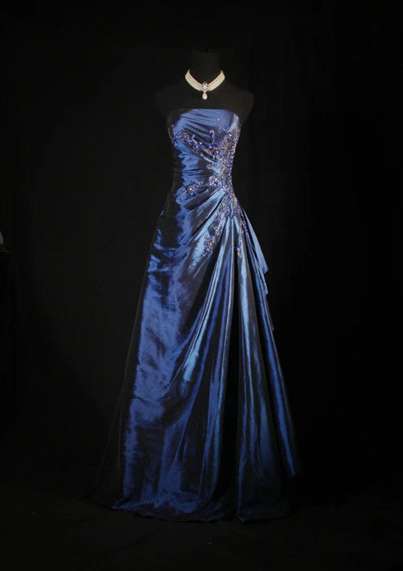 Vintage Ball Gowns Strapless Navy Blue Satin Long Prom Dress Main image