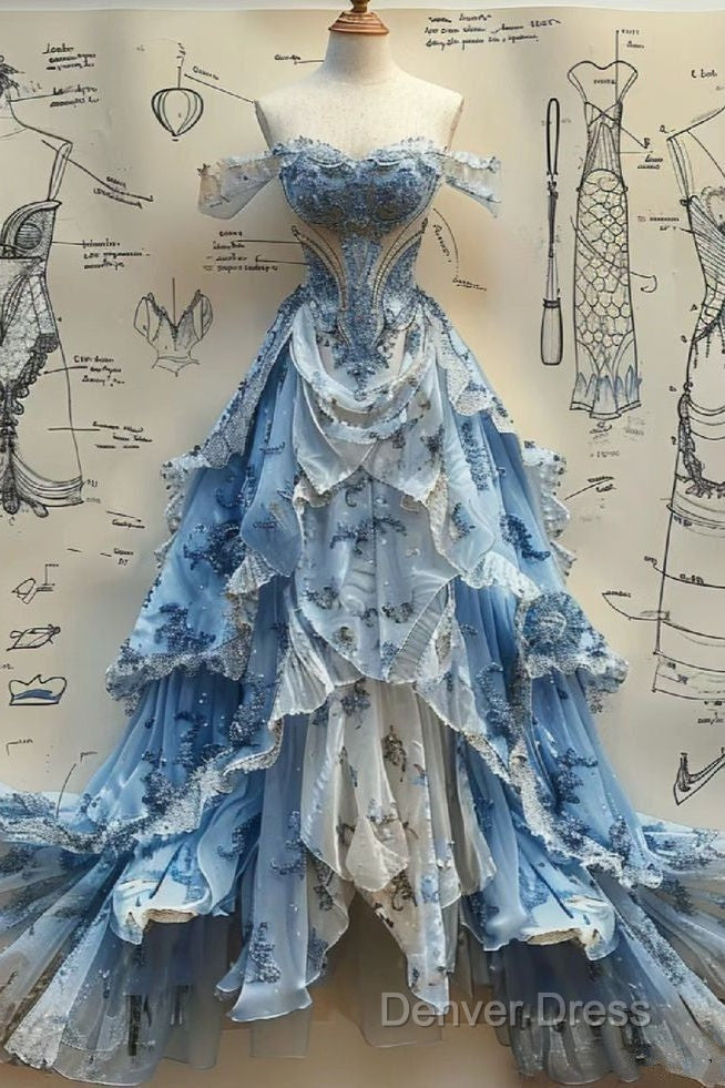 Vintage Ball Gowns Strapless Off The Shoulder Blue Lace Prom Dress Secondary image