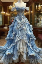 Vintage Ball Gowns Strapless Off The Shoulder Blue Lace Prom Dress