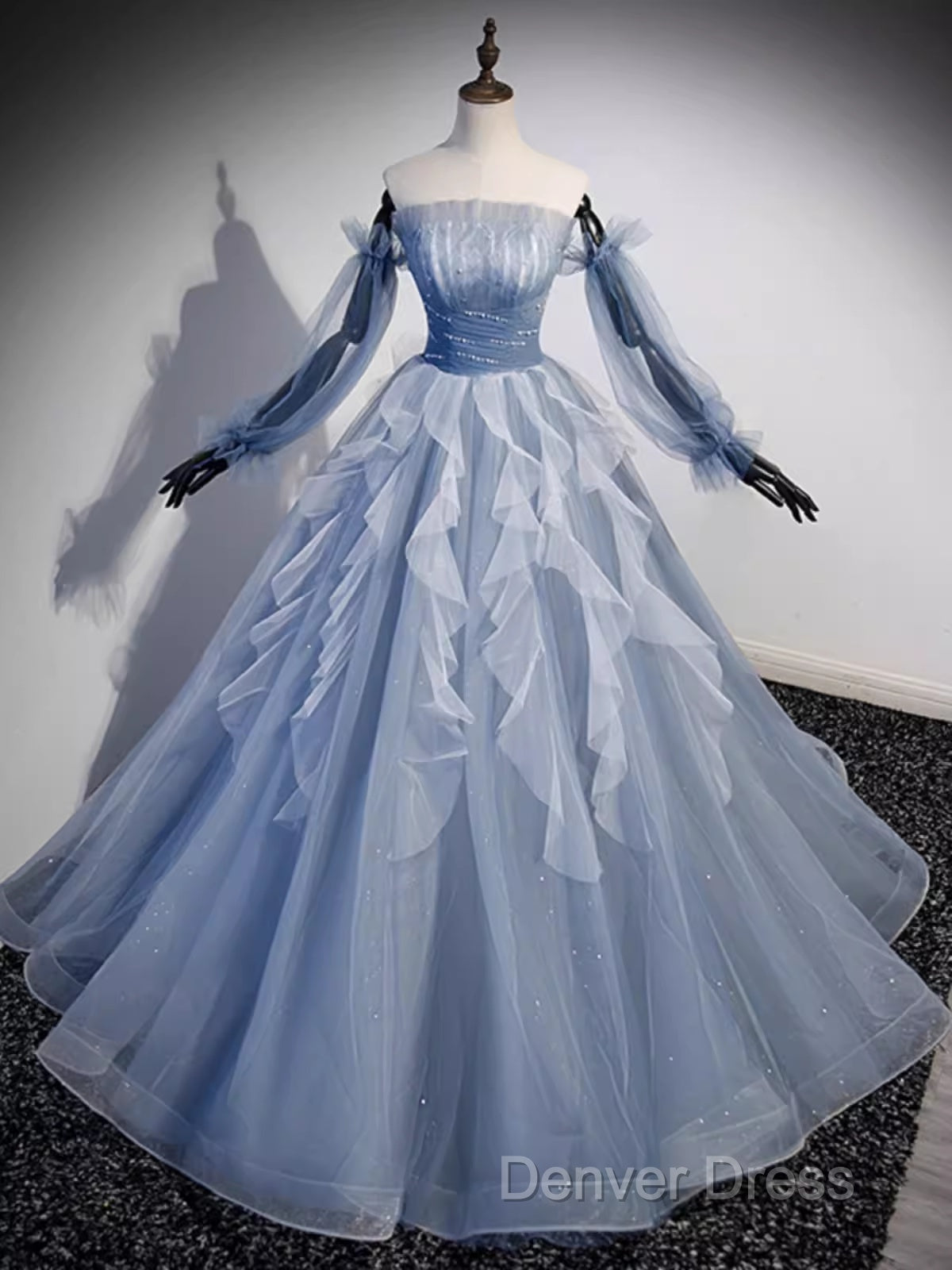 Vintage Ball Gown Strapless Satin Dusty Blue Tulle Long Prom Dresses Formal Dresses Secondary image