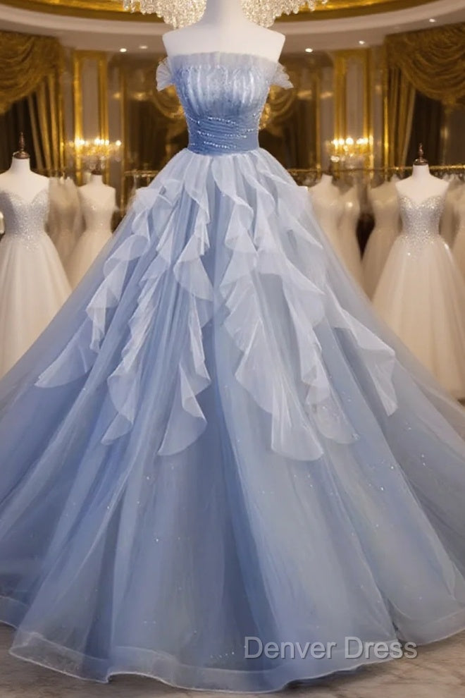 Vintage Ball Gown Strapless Satin Dusty Blue Tulle Long Prom Dresses Formal Dresses Main image
