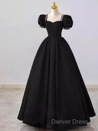 Vintage Ball Gown Sweetheart Satin Black Long Prom Dresses Formal Dresses
