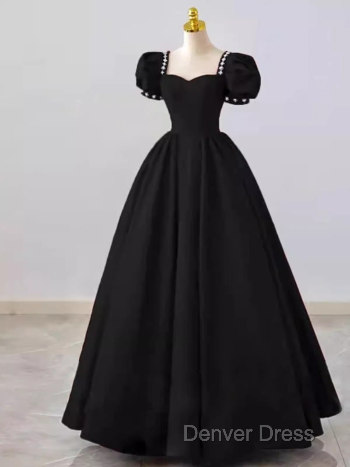 Vintage Ball Gown Sweetheart Satin Black Long Prom Dresses Formal Dresses