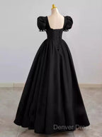 Vintage Ball Gown Sweetheart Satin Black Long Prom Dresses Formal Dresses