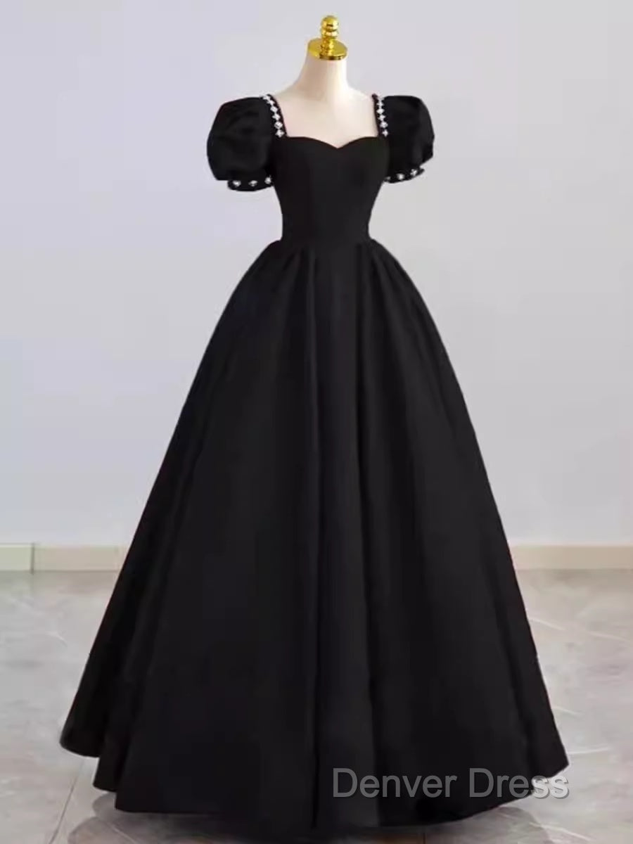 Vintage Ball Gown Sweetheart Satin Black Long Prom Dresses Formal Dresses