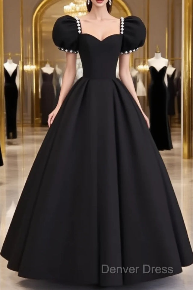 Vintage Ball Gown Sweetheart Satin Black Long Prom Dresses Formal Dresses