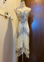 Vintage Beige Gold Irregular Strap Beaded Lace Prom Dresses Evening Dresses
