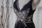 Vintage Black A-Line V-Neck Open Back Butterfly Rhinestone Beaded Satin Long Prom Dresses Evening Dresses