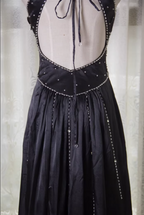 Vintage Black A-Line V-Neck Open Back Butterfly Rhinestone Beaded Satin Long Prom Dresses Evening Dresses