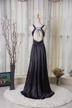 Vintage Black A-Line V-Neck Open Back Butterfly Rhinestone Beaded Satin Long Prom Dresses Evening Dresses