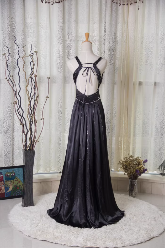 Vintage Black A-Line V-Neck Open Back Butterfly Rhinestone Beaded Satin Long Prom Dresses Evening Dresses