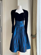 Vintage Black And Blue A-Line Long-Sleeved Velvet And Satin Prom Dresses Evening Dresses