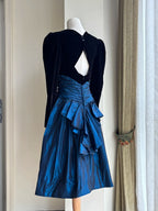 Vintage Black And Blue A-Line Long-Sleeved Velvet And Satin Prom Dresses Evening Dresses