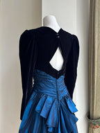 Vintage Black And Blue A-Line Long-Sleeved Velvet And Satin Prom Dresses Evening Dresses