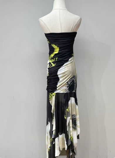 Vintage Black Base Floral Print Irregular Strapless Chiffon Long Prom Dresses Evening Dresses Secondary image