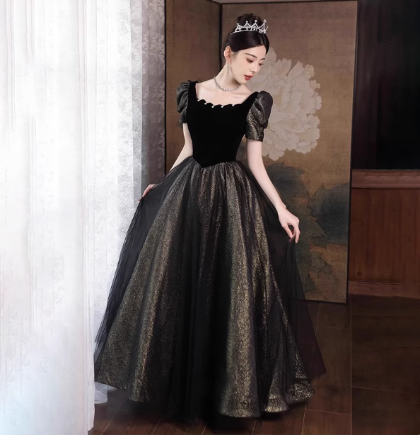 Vintage Black & Gold A-Line Square Neck Puff Sleeve Velvet Gold Shimmer Tulle Long Prom Dresses Evening Dresses