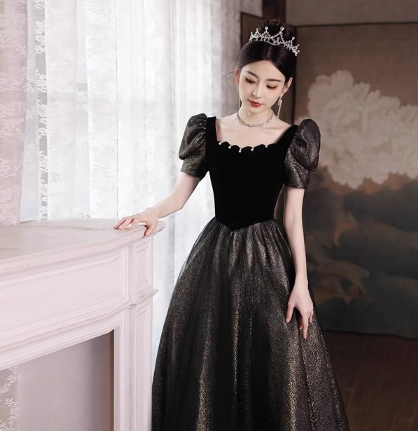 Vintage Black & Gold A-Line Square Neck Puff Sleeve Velvet Gold Shimmer Tulle Long Prom Dresses Evening Dresses