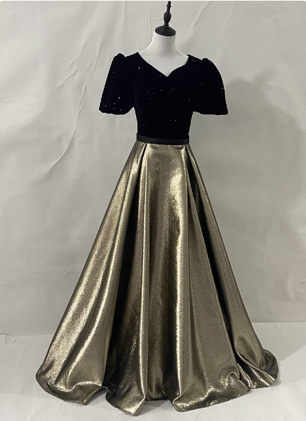 Vintage Black & Gold Panel A-Line V-Neck Short Sleeve Velvet Satin Long Prom Dresses Evening Dresses Main image