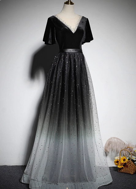 Vintage Black-Gray Gradient A-Line V-Neck Velvet Tulle Long Prom Dresses Evening Dresses Secondary image