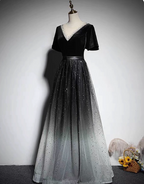 Vintage Black-Gray Gradient A-Line V-Neck Velvet Tulle Long Prom Dresses Evening Dresses