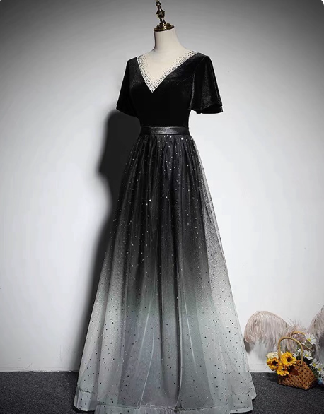 Vintage Black-Gray Gradient A-Line V-Neck Velvet Tulle Long Prom Dresses Evening Dresses