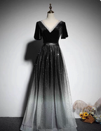Vintage Black-Gray Gradient A-Line V-Neck Velvet Tulle Long Prom Dresses Evening Dresses
