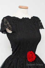 Vintage Black Lace Homecoming Dress Bateau Knee-Length Flower