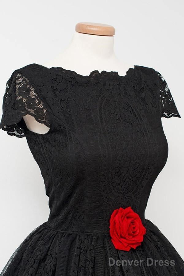 Vintage Black Lace Homecoming Dress Bateau Knee-Length Flower