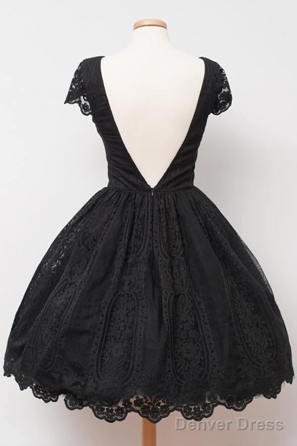 Vintage Black Lace Homecoming Dress Bateau Knee-Length Flower
