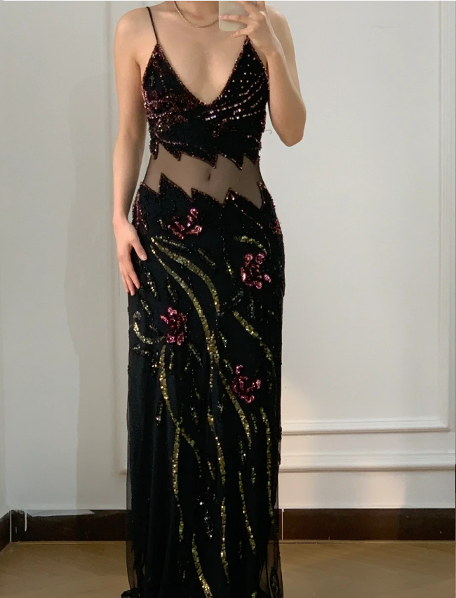 Vintage Black Mermaid Beaded Sequined Floral Cutout Tulle Long Prom Dresses Evening Dresses Secondary image